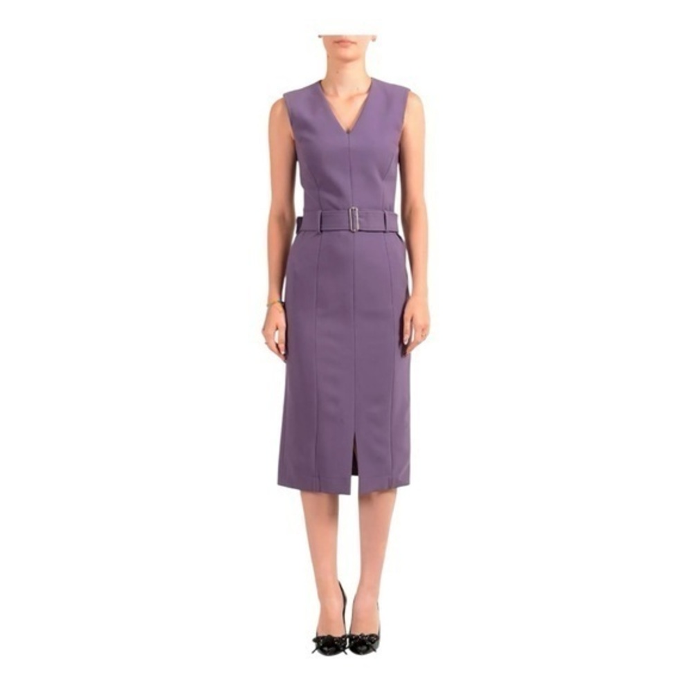 HUGO BOSS Dadorina Belted Sleeveless Virgin Wool Sheath Dress Medium Purple 0P